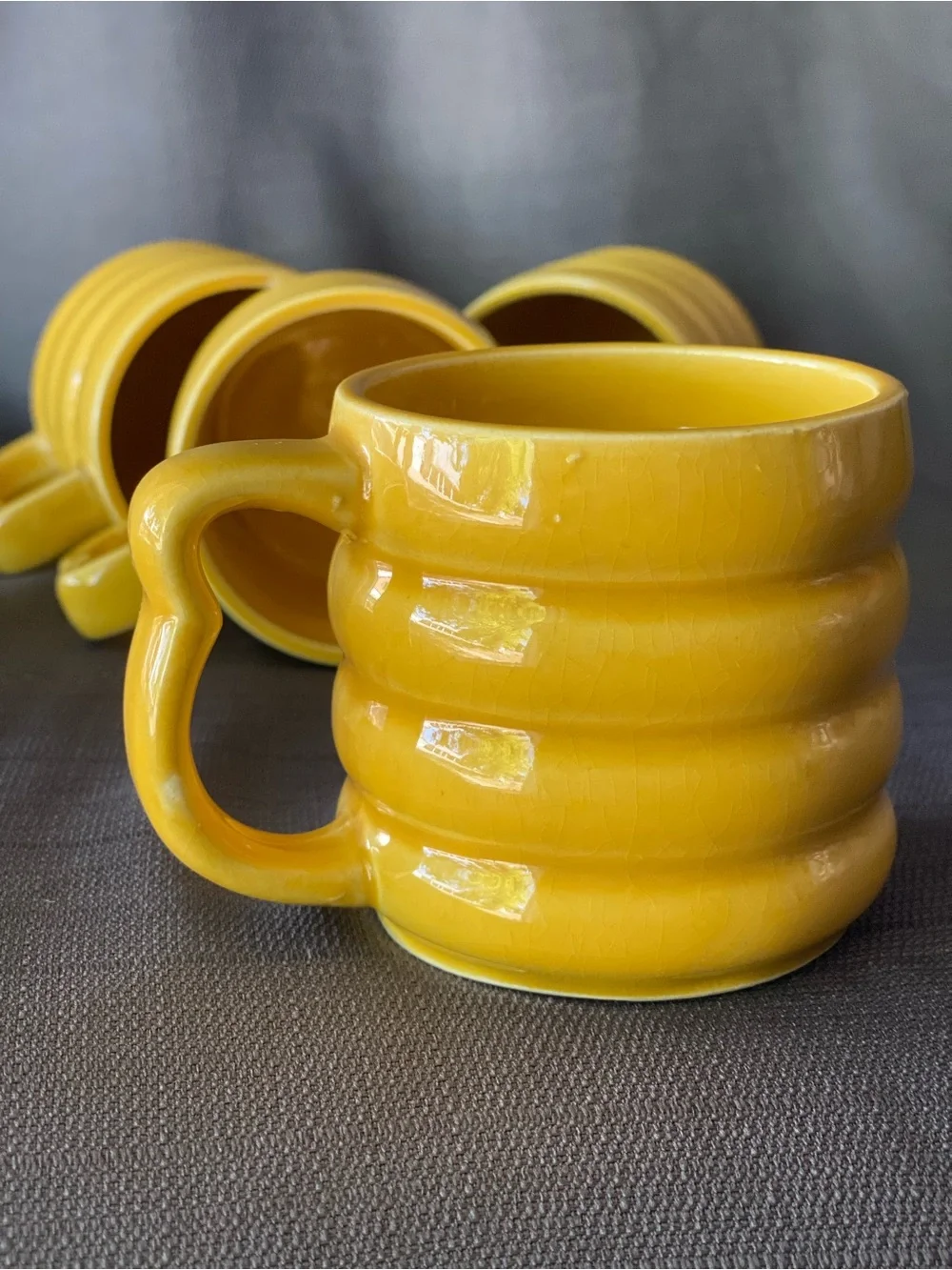 Vintage Yellow Ribbed Mugs Set of 4 Made in Japan Ceramic Heart Handle